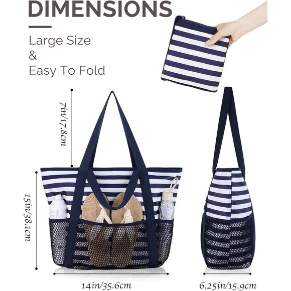 Women Blue Beach Bag Large Waterproof Sandproof Foldable Tote With Zipper Mesh - Picture 3 of 7